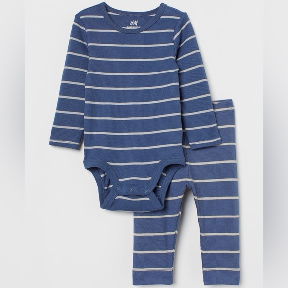 H&M Ribbed Cotton Set Blue/Striped Baby 18 Months - Picture 1 of 5